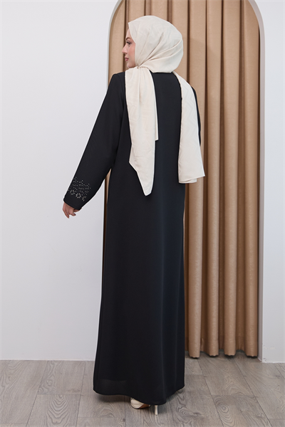 Papatya Taşlı Siyah Ferace