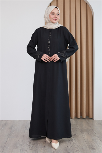 Papatya Taşlı Siyah Ferace