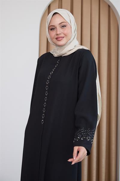 Papatya Taşlı Siyah Ferace