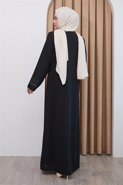 Papatya Taşlı Siyah Ferace