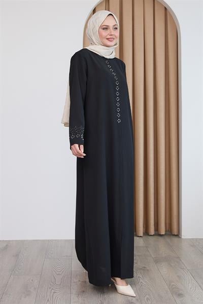 Papatya Taşlı Siyah Ferace