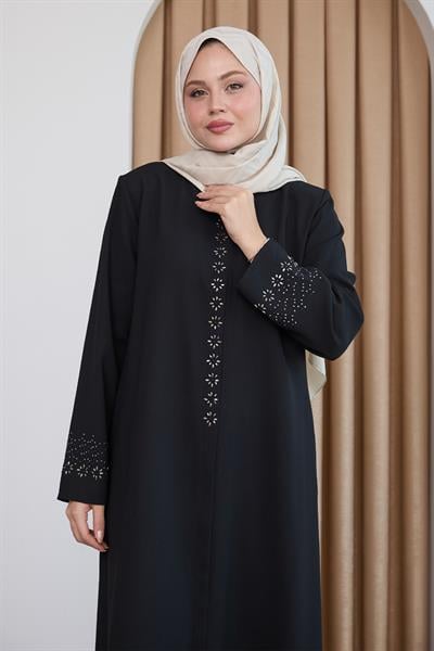 Papatya Taşlı Siyah Ferace