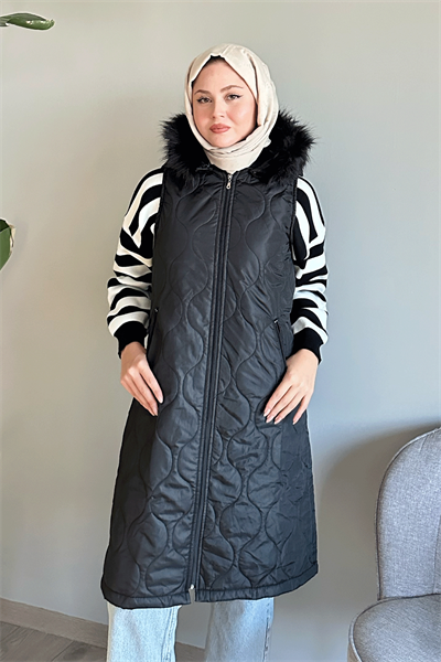 Parke Desen Kapitone Siyah Yelek