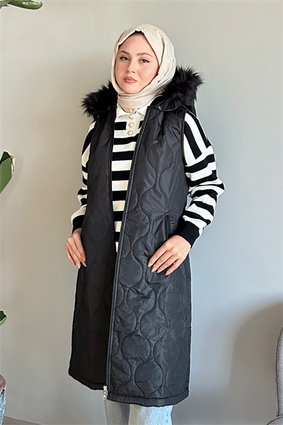 Parke Desen Kapitone Siyah Yelek