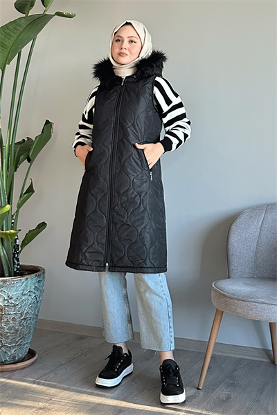 Parke Desen Kapitone Siyah Yelek