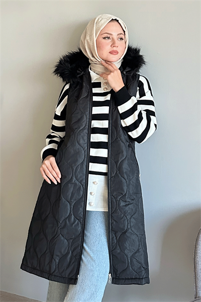 Parke Desen Kapitone Siyah Yelek