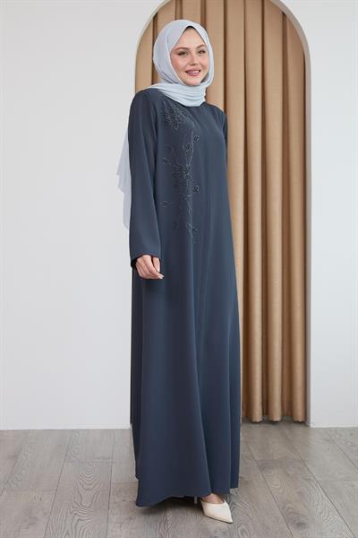 Parlak Boncuk Taşlı Antrasit Ferace