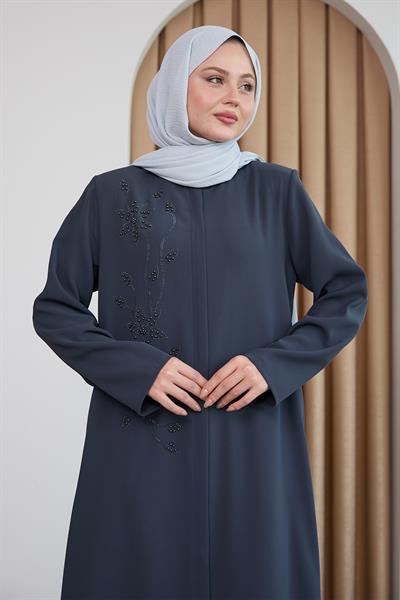 Parlak Boncuk Taşlı Antrasit Ferace