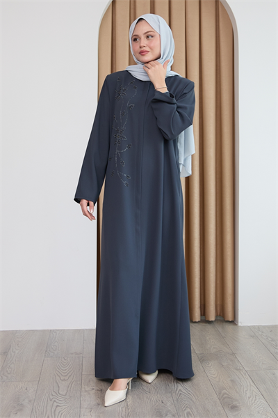 Parlak Boncuk Taşlı Antrasit Ferace