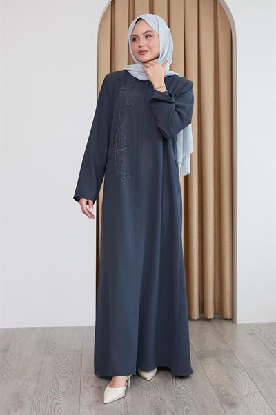 Parlak Boncuk Taşlı Antrasit Ferace