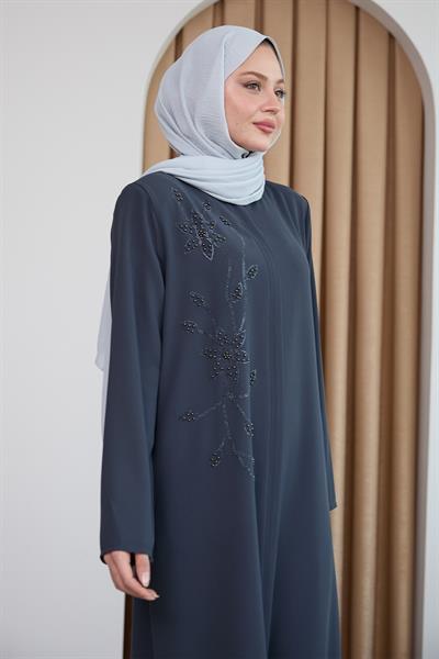 Parlak Boncuk Taşlı Antrasit Ferace