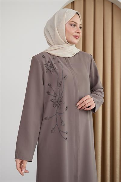 Parlak Boncuk Taşlı Bej Ferace