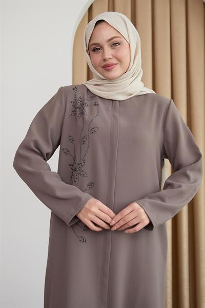 Parlak Boncuk Taşlı Bej Ferace