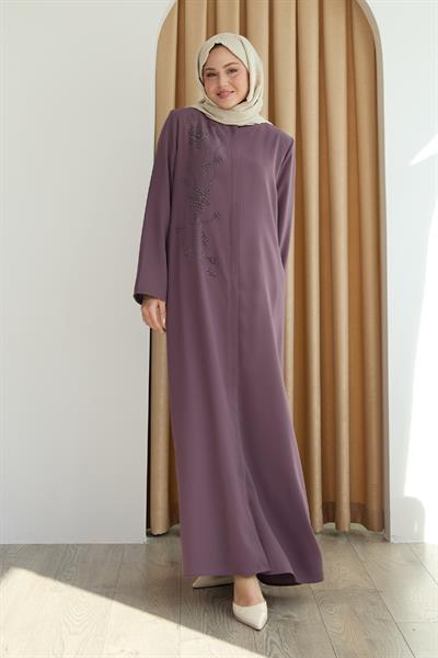 Parlak Boncuk Taşlı Gül Kurusu Ferace