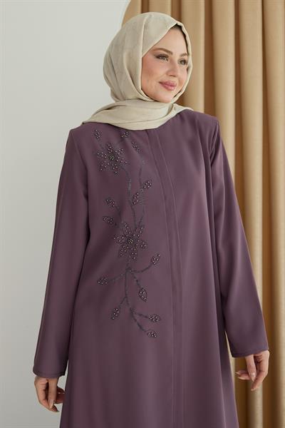 Parlak Boncuk Taşlı Gül Kurusu Ferace