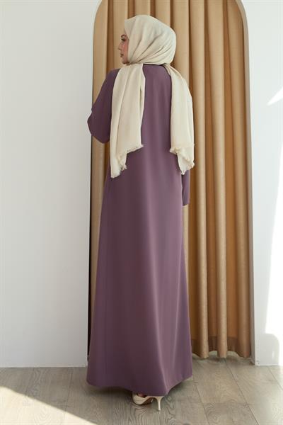 Parlak Boncuk Taşlı Gül Kurusu Ferace