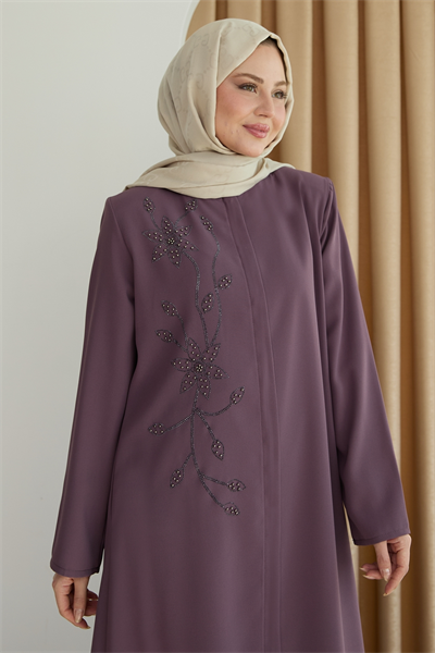 Parlak Boncuk Taşlı Gül Kurusu Ferace