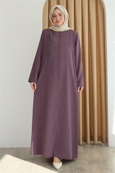 Parlak Boncuk Taşlı Gül Kurusu Ferace