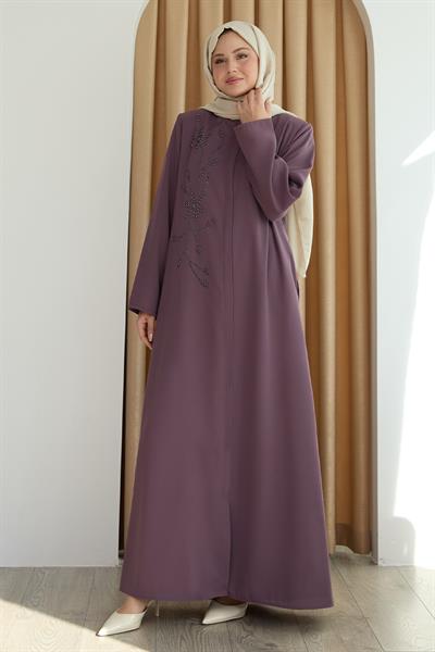 Parlak Boncuk Taşlı Gül Kurusu Ferace