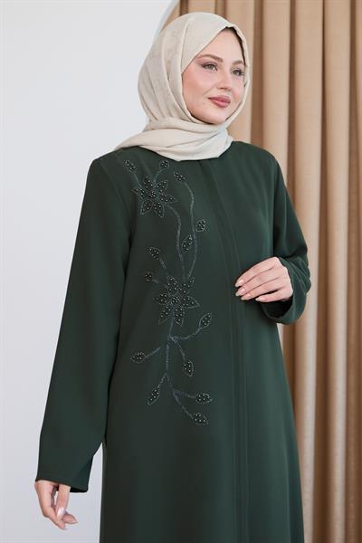 Parlak Boncuk Taşlı Haki Ferace