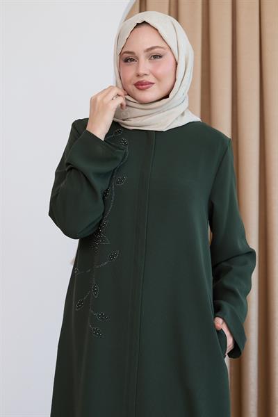 Parlak Boncuk Taşlı Haki Ferace