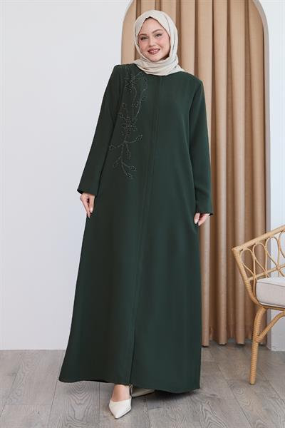 Parlak Boncuk Taşlı Haki Ferace