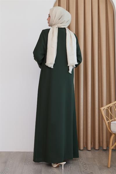 Parlak Boncuk Taşlı Haki Ferace