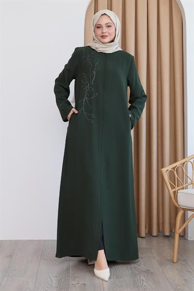 Parlak Boncuk Taşlı Haki Ferace