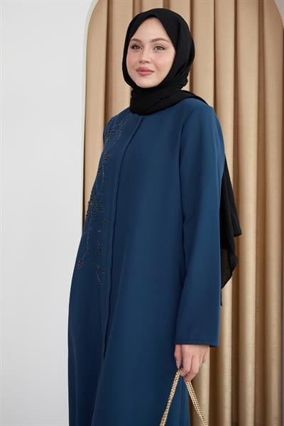 Parlak Boncuk Taşlı İndigo Ferace