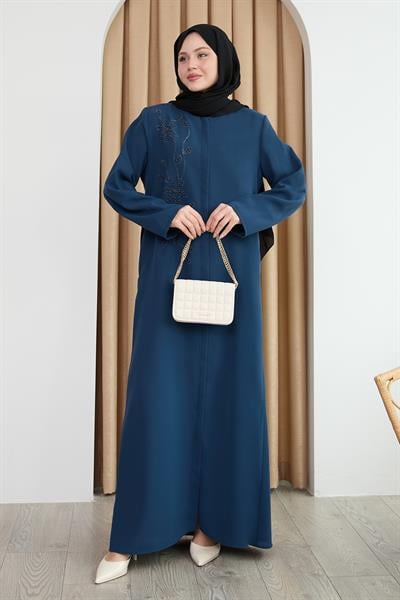 Parlak Boncuk Taşlı İndigo Ferace