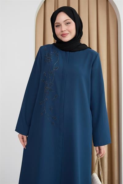Parlak Boncuk Taşlı İndigo Ferace