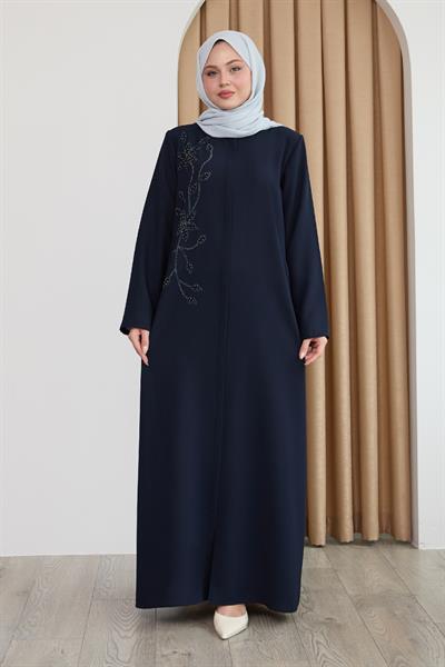 Parlak Boncuk Taşlı  Koyu Lacivert Ferace