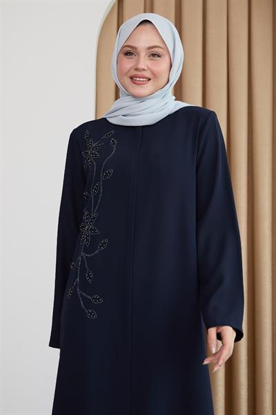 Parlak Boncuk Taşlı  Koyu Lacivert Ferace