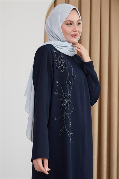 Parlak Boncuk Taşlı  Koyu Lacivert Ferace