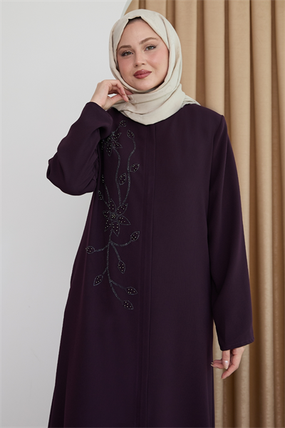 Parlak Boncuk Taşlı Mor Ferace