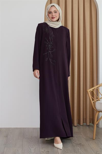 Parlak Boncuk Taşlı Mor Ferace