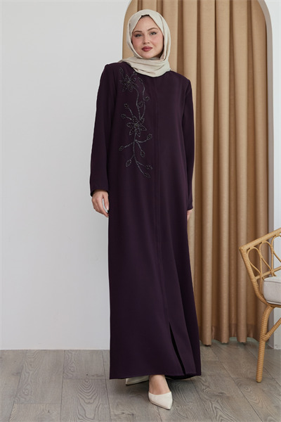 Parlak Boncuk Taşlı Mor Ferace