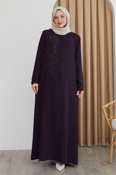 Parlak Boncuk Taşlı Mor Ferace