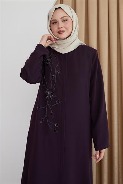 Parlak Boncuk Taşlı Mor Ferace