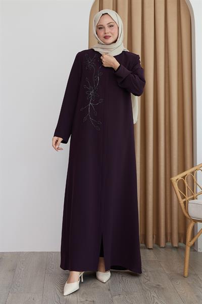 Parlak Boncuk Taşlı Mor Ferace