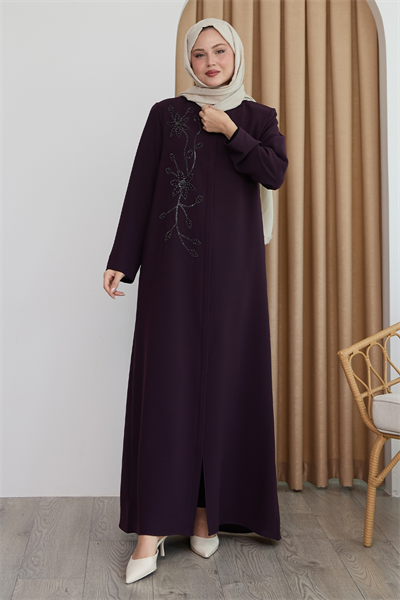 Parlak Boncuk Taşlı Mor Ferace