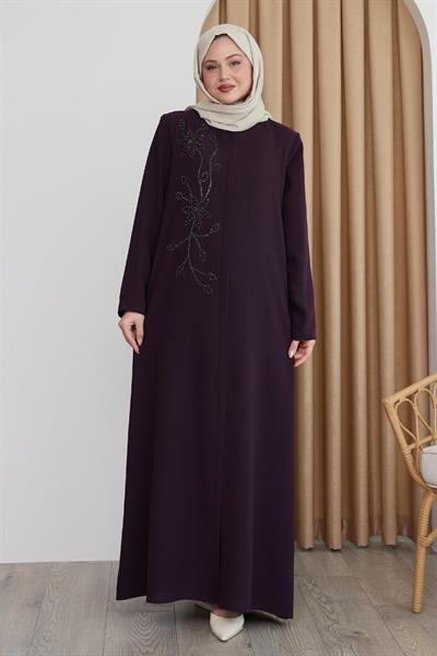 Parlak Boncuk Taşlı Mor Ferace