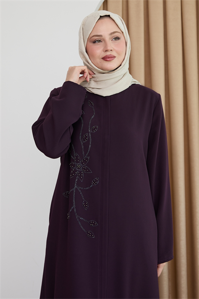 Parlak Boncuk Taşlı Mor Ferace