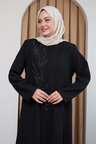 Parlak Boncuk Taşlı Siyah Ferace