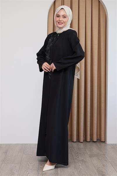 Parlak Boncuk Taşlı Siyah Ferace