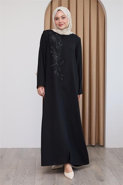 Parlak Boncuk Taşlı Siyah Ferace