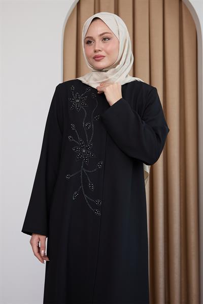 Parlak Boncuk Taşlı Siyah Ferace