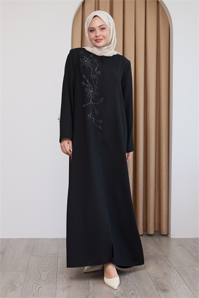 Parlak Boncuk Taşlı Siyah Ferace