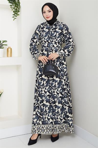 Pastel Çiçek Desenli Antrasit Viskon Elbise