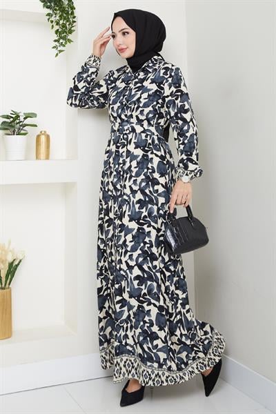 Pastel Çiçek Desenli Antrasit Viskon Elbise